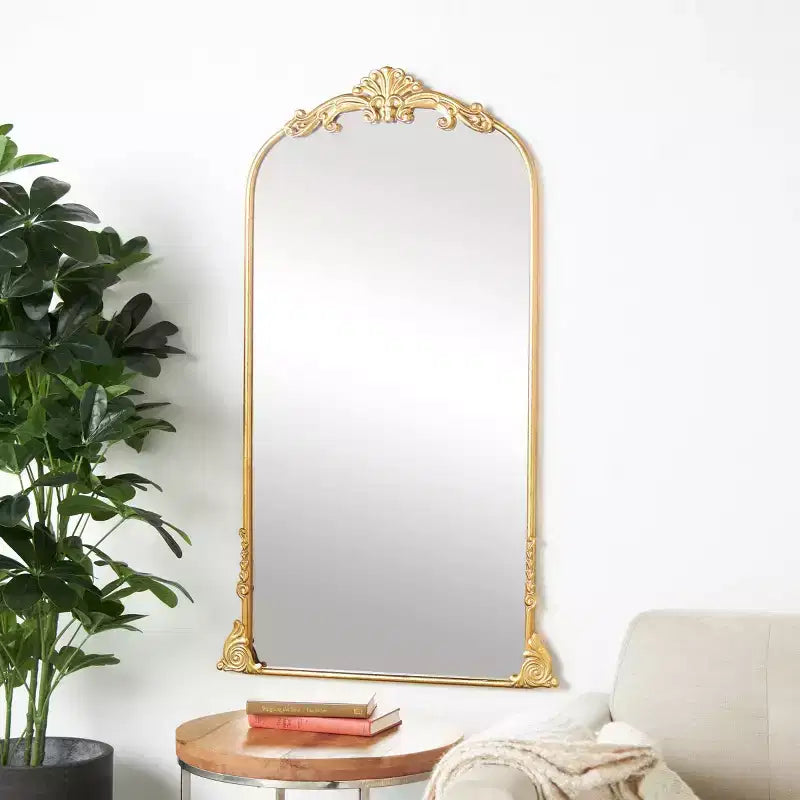 Specchio da terra barocco a forma di arco, in metallo dorato, 48"x28", stile vintage, montaggio a buco della serratura, cornice in legno