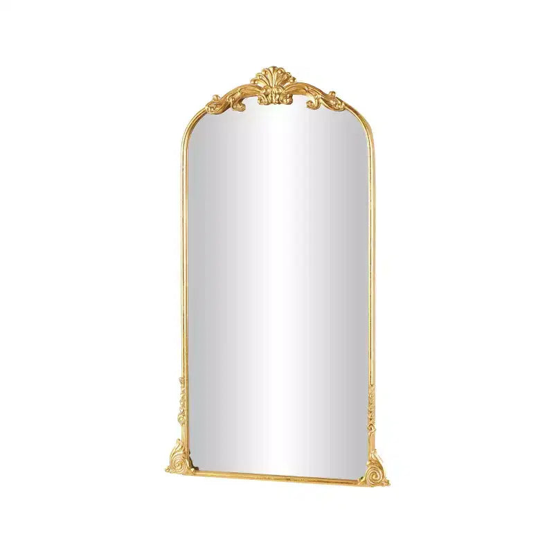 Specchio da terra barocco a forma di arco, in metallo dorato, 48"x28", stile vintage, montaggio a buco della serratura, cornice in legno