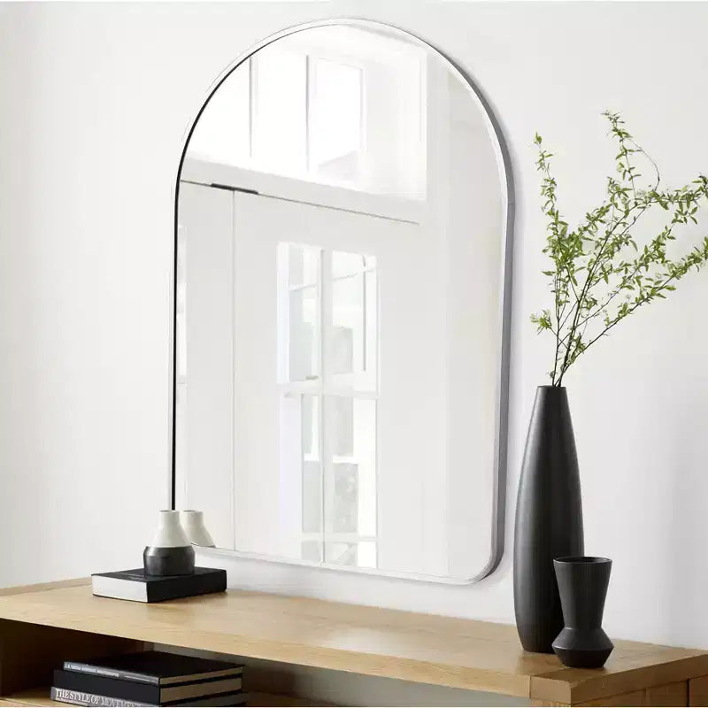 Specchio ad Arco con Cornice Sottile in Alluminio Argento, Angoli Arrotondati, 91x61 cm