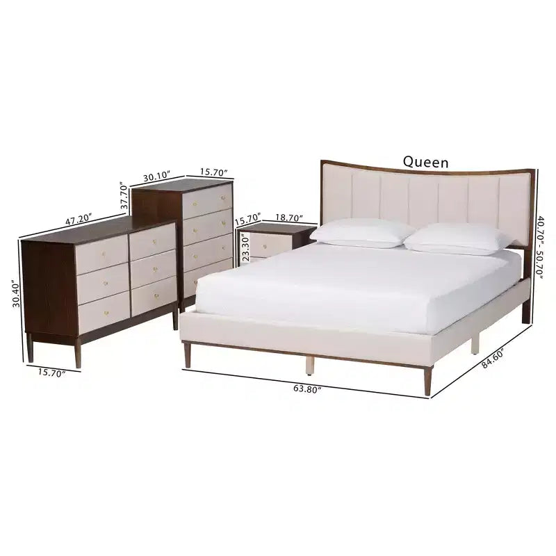 Set 4 pezzi camera da letto Nikolai con tessuto trapuntato a canali beige e legno marrone wengé, misura Queen