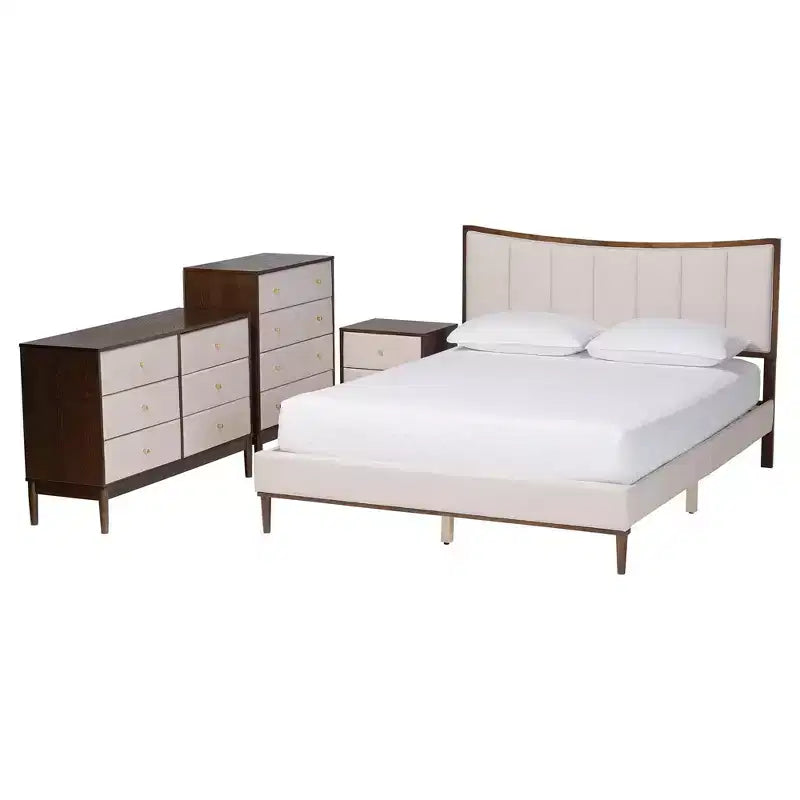 Set 4 pezzi camera da letto Nikolai con tessuto trapuntato a canali beige e legno marrone wengé, misura Queen