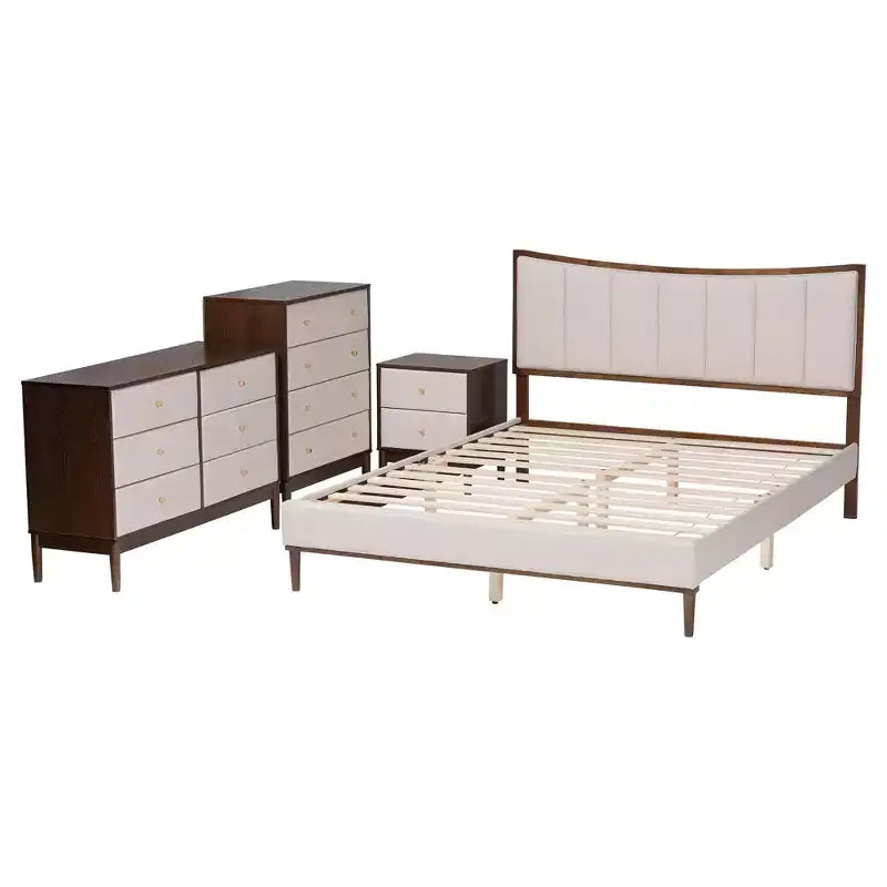 Set 4 pezzi camera da letto Nikolai con tessuto trapuntato a canali beige e legno marrone wengé, misura Queen