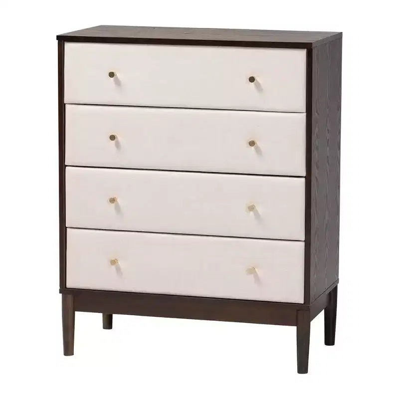 Set 4 pezzi camera da letto Nikolai con tessuto trapuntato a canali beige e legno marrone wengé, misura Queen