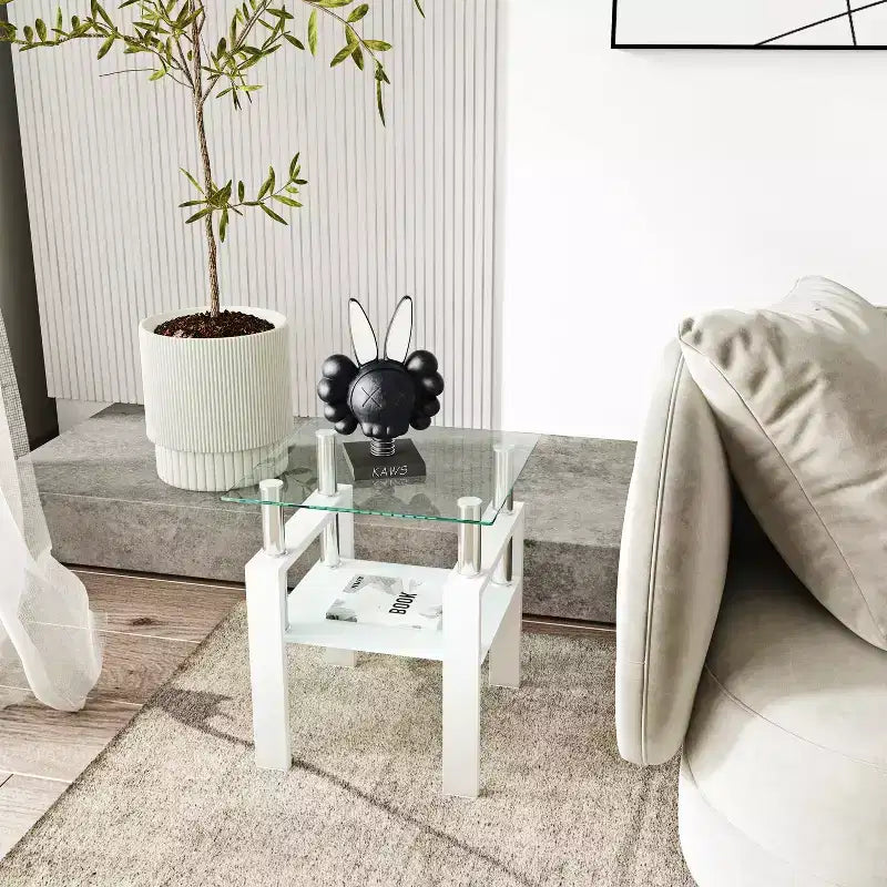 Tavolino moderno in vetro temperato, tavolino quadrato per soggiorno e camera da letto, trasparente