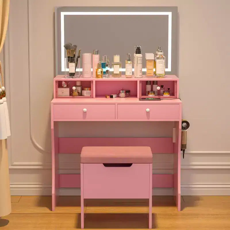 Toeletta con specchio illuminato a LED e presa di corrente, tavolo da trucco con 4 cassetti e sgabello portaoggetti, 3 modalità di illuminazione