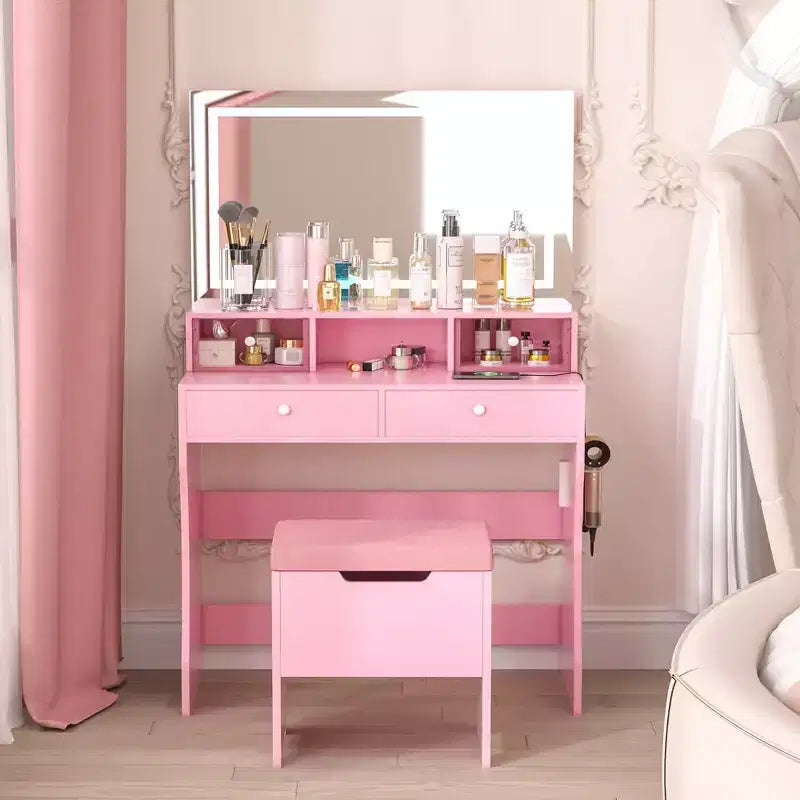 Toeletta con specchio illuminato a LED e presa di corrente, tavolo da trucco con 4 cassetti e sgabello portaoggetti, 3 modalità di illuminazione