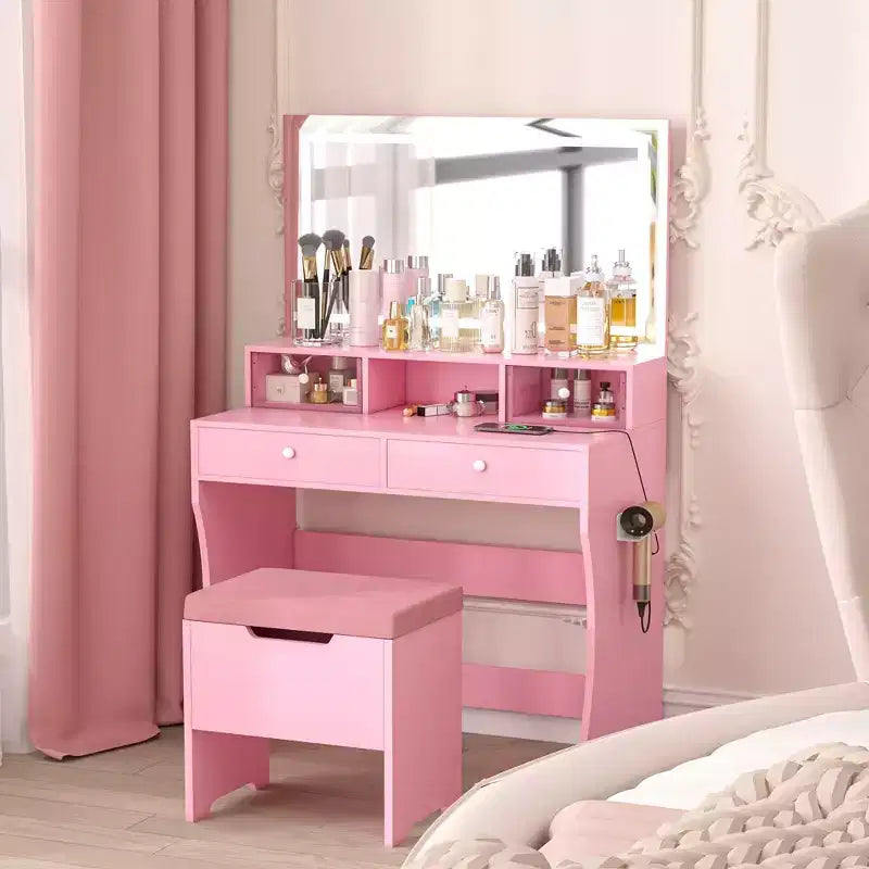 Toeletta con specchio illuminato a LED e presa di corrente, tavolo da trucco con 4 cassetti e sgabello portaoggetti, 3 modalità di illuminazione