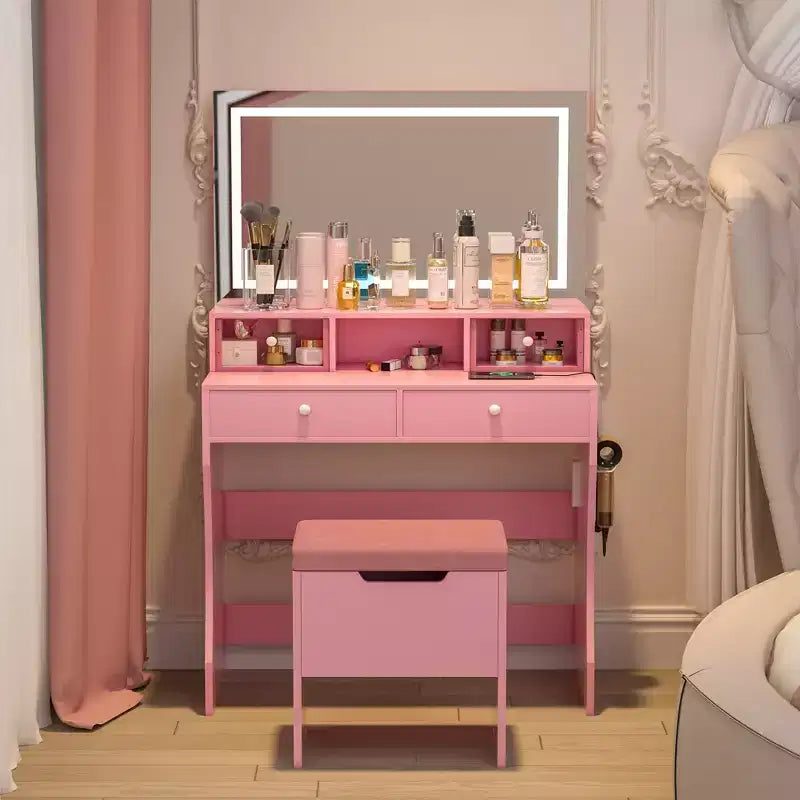 Toeletta con specchio illuminato a LED e presa di corrente, tavolo da trucco con 4 cassetti e sgabello portaoggetti, 3 modalità di illuminazione
