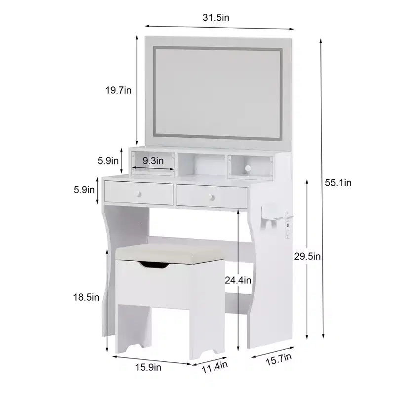 Toeletta con specchio illuminato a LED e presa di corrente, tavolo da trucco con 4 cassetti e sgabello portaoggetti, 3 modalità di illuminazione