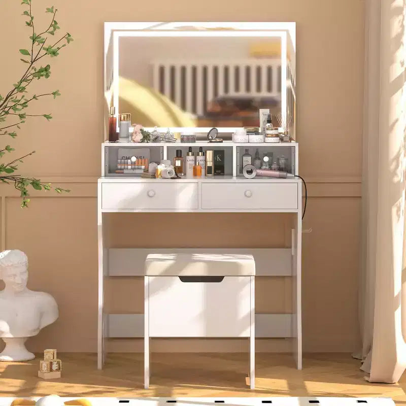 Toeletta con specchio illuminato a LED e presa di corrente, tavolo da trucco con 4 cassetti e sgabello portaoggetti, 3 modalità di illuminazione