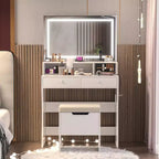 Toeletta con specchio illuminato a LED e presa di corrente, tavolo da trucco con 4 cassetti e sgabello portaoggetti, 3 modalità di illuminazione