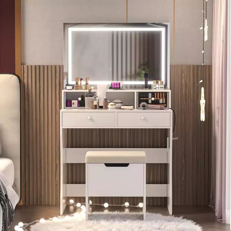 Toeletta con specchio illuminato a LED e presa di corrente, tavolo da trucco con 4 cassetti e sgabello portaoggetti, 3 modalità di illuminazione