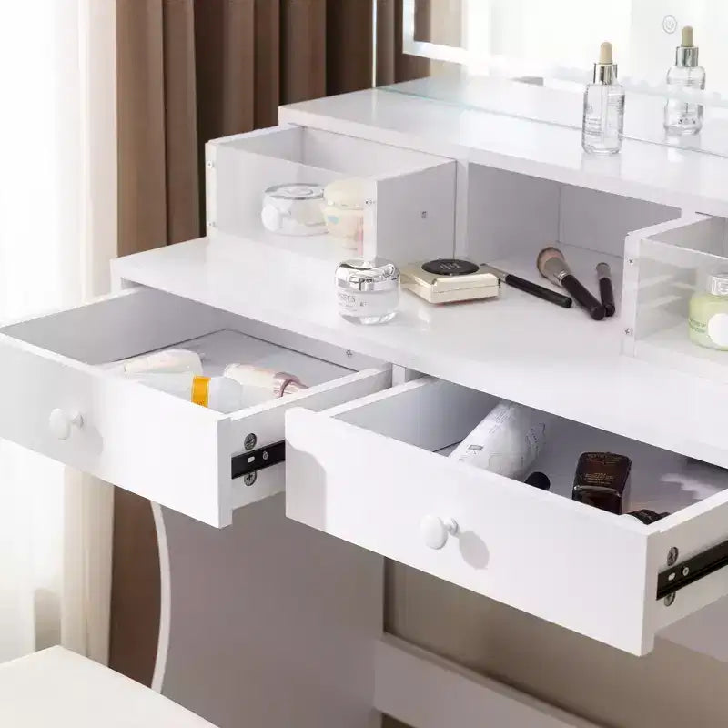 Toeletta con specchio illuminato a LED e presa di corrente, tavolo da trucco con 4 cassetti e sgabello portaoggetti, 3 modalità di illuminazione