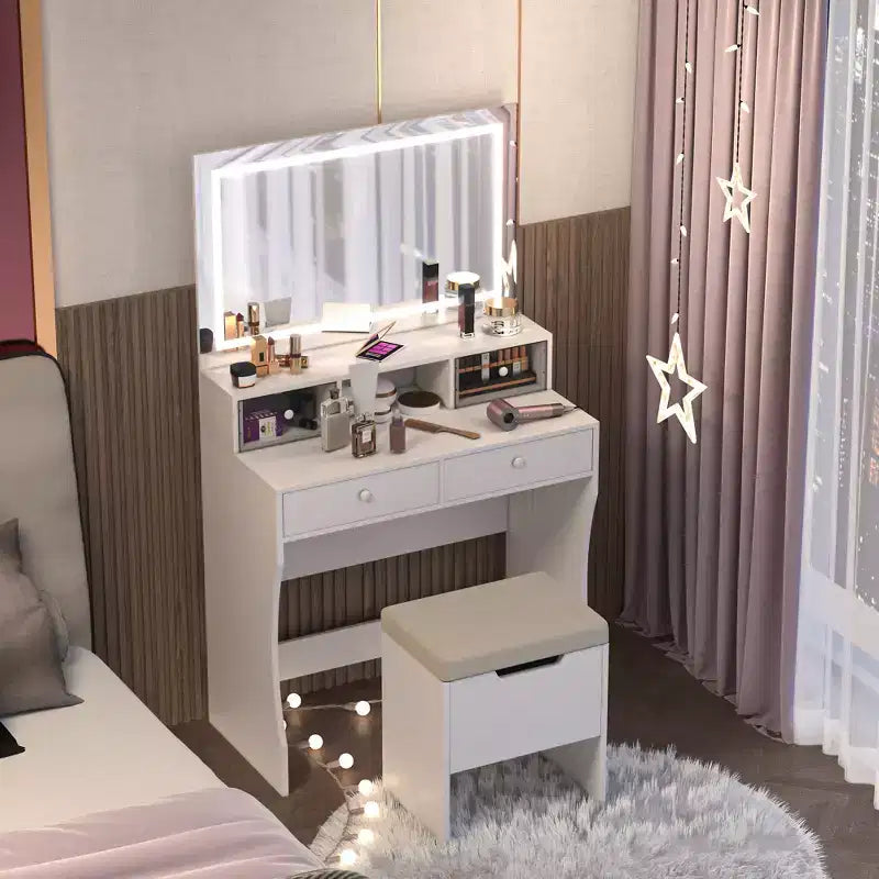 Toeletta con specchio illuminato a LED e presa di corrente, tavolo da trucco con 4 cassetti e sgabello portaoggetti, 3 modalità di illuminazione