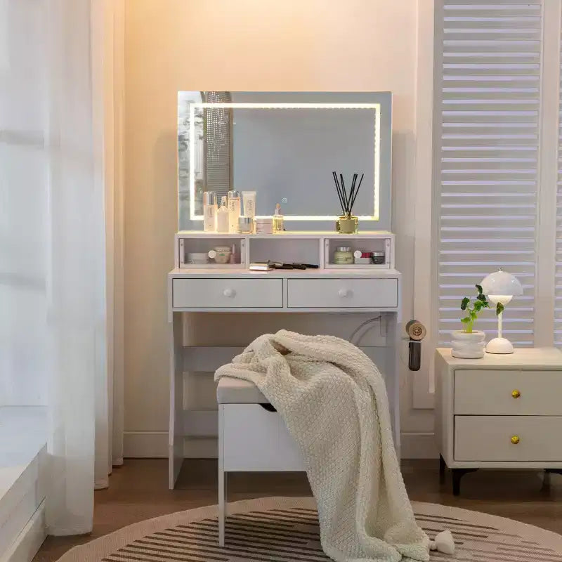Toeletta con specchio illuminato a LED e presa di corrente, tavolo da trucco con 4 cassetti e sgabello portaoggetti, 3 modalità di illuminazione