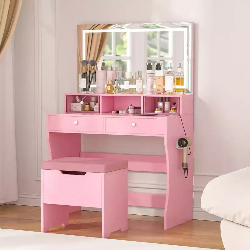 Toeletta con specchio illuminato a LED e presa di corrente, tavolo da trucco con 4 cassetti e sgabello portaoggetti, 3 modalità di illuminazione