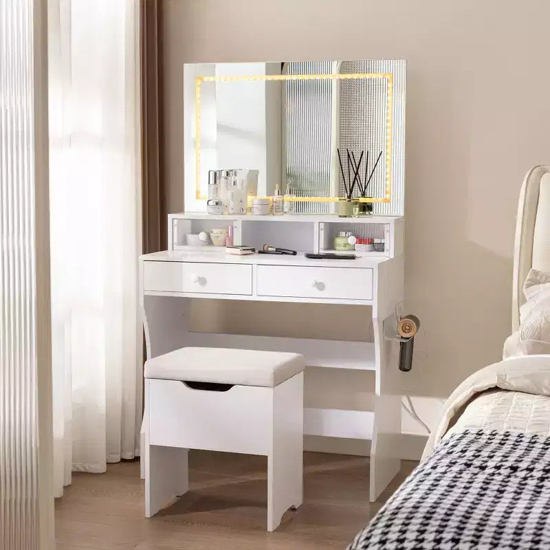 Toeletta con specchio illuminato a LED e presa di corrente, tavolo da trucco con 4 cassetti e sgabello portaoggetti, 3 modalità di illuminazione