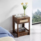 Tavolino in rattan con cassetto, Comodino moderno, Tavolino laterale per soggiorno, camera da letto, Marrone rustico