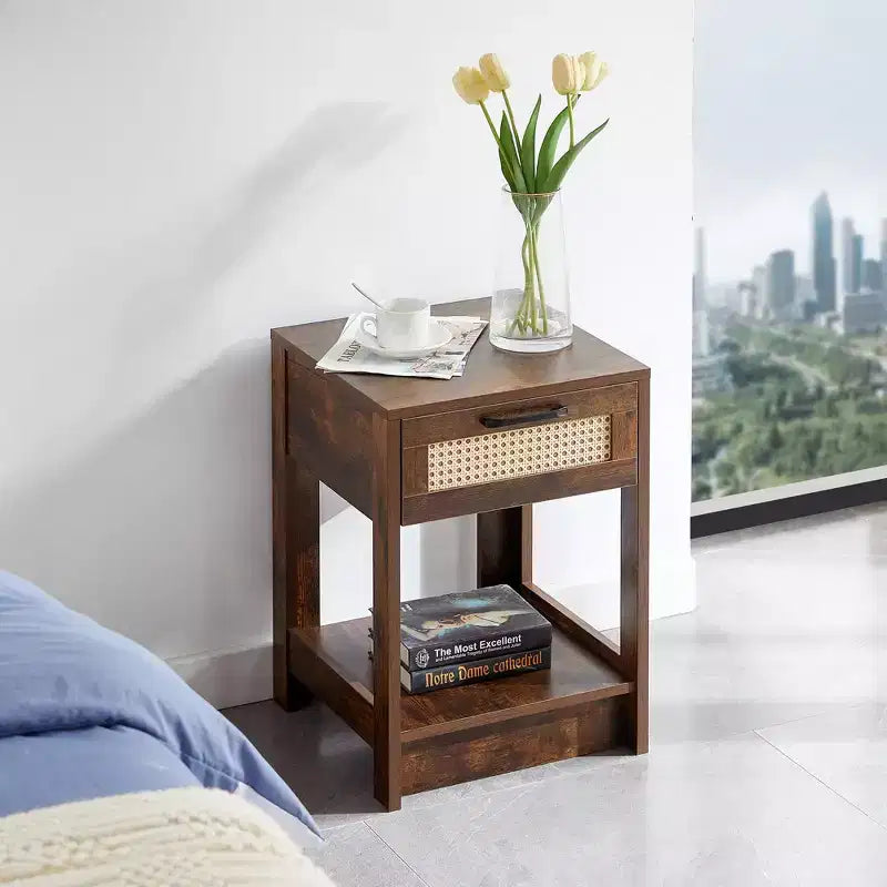 Tavolino in rattan con cassetto, Comodino moderno, Tavolino laterale per soggiorno, camera da letto, Marrone rustico