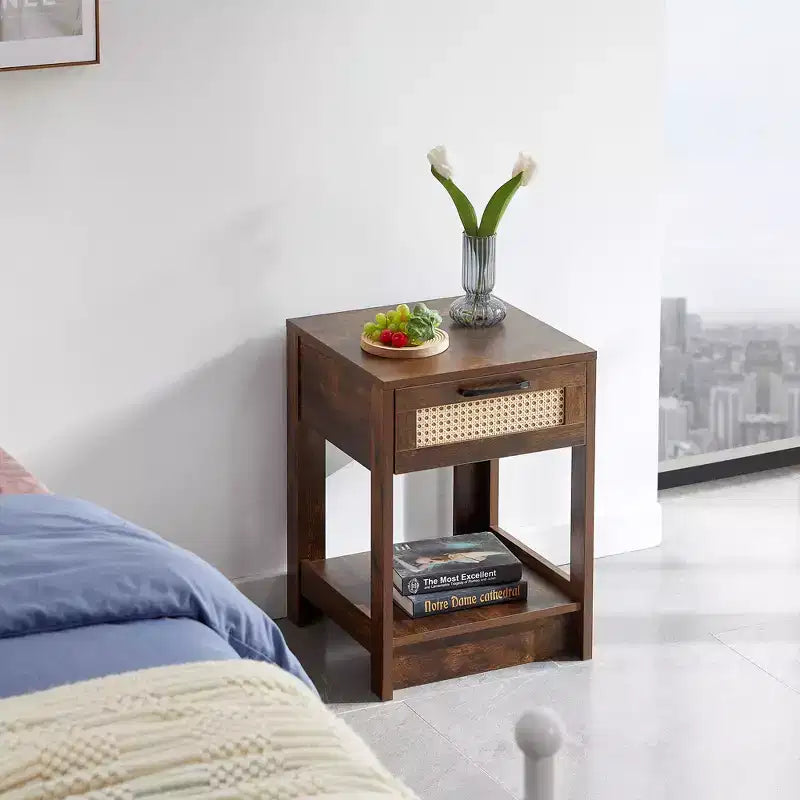 Tavolino in rattan con cassetto, Comodino moderno, Tavolino laterale per soggiorno, camera da letto, Marrone rustico
