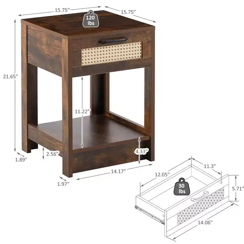 Tavolino in rattan con cassetto, Comodino moderno, Tavolino laterale per soggiorno, camera da letto, Marrone rustico