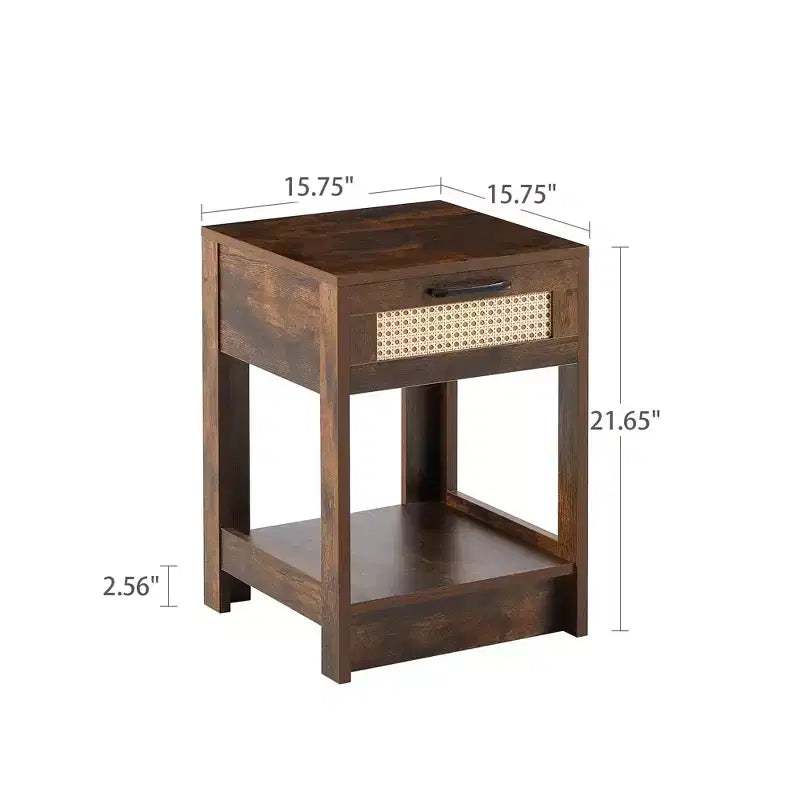 Tavolino in rattan con cassetto, Comodino moderno, Tavolino laterale per soggiorno, camera da letto, Marrone rustico