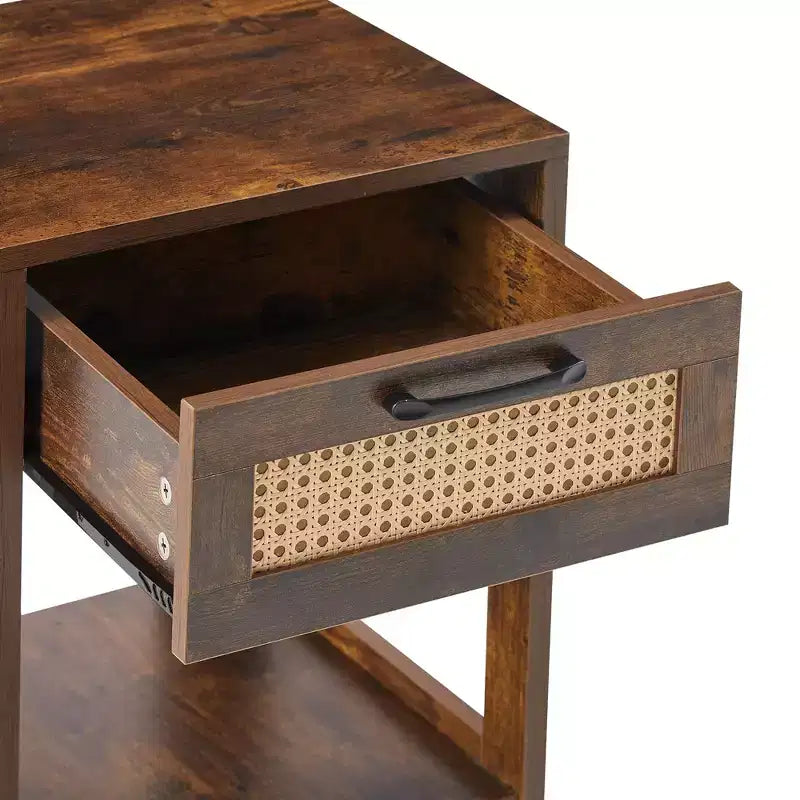 Tavolino in rattan con cassetto, Comodino moderno, Tavolino laterale per soggiorno, camera da letto, Marrone rustico