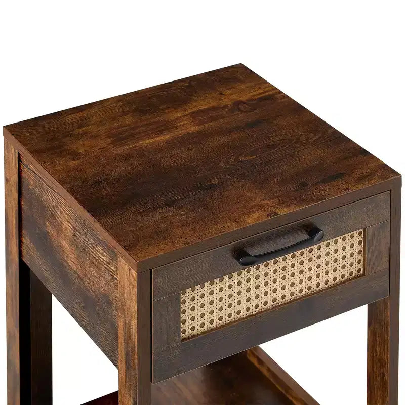 Tavolino in rattan con cassetto, Comodino moderno, Tavolino laterale per soggiorno, camera da letto, Marrone rustico