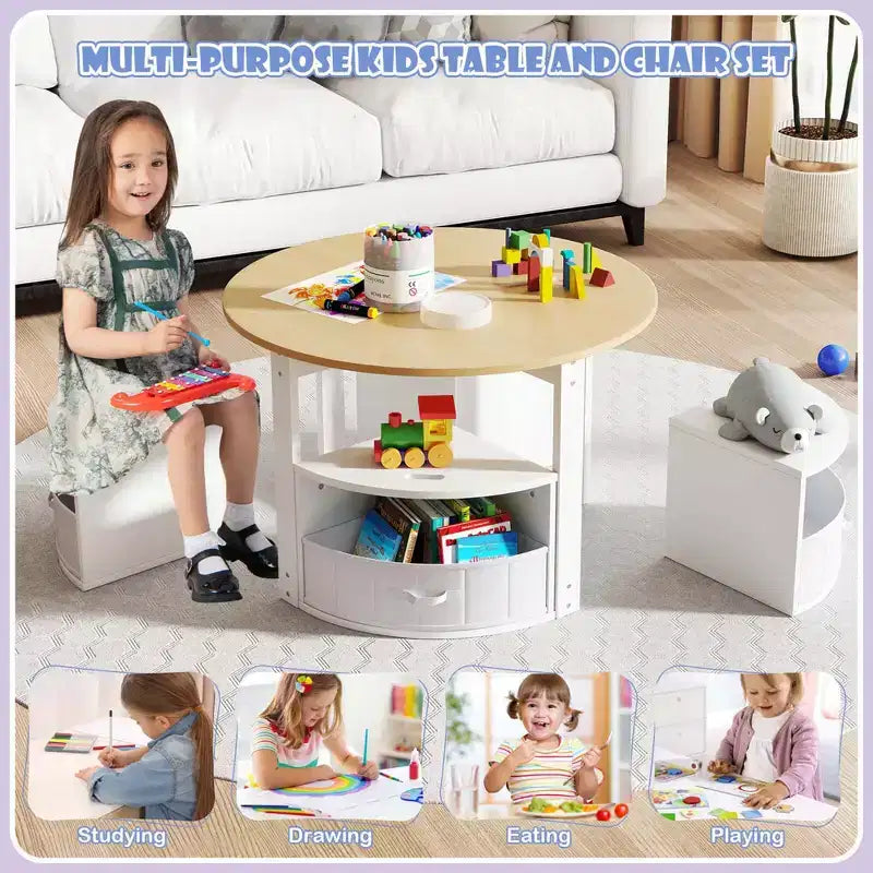 Set di 5 pezzi tavolo e sedie da gioco per bambini, tavolo rotondo impilabile, mobili per bambini