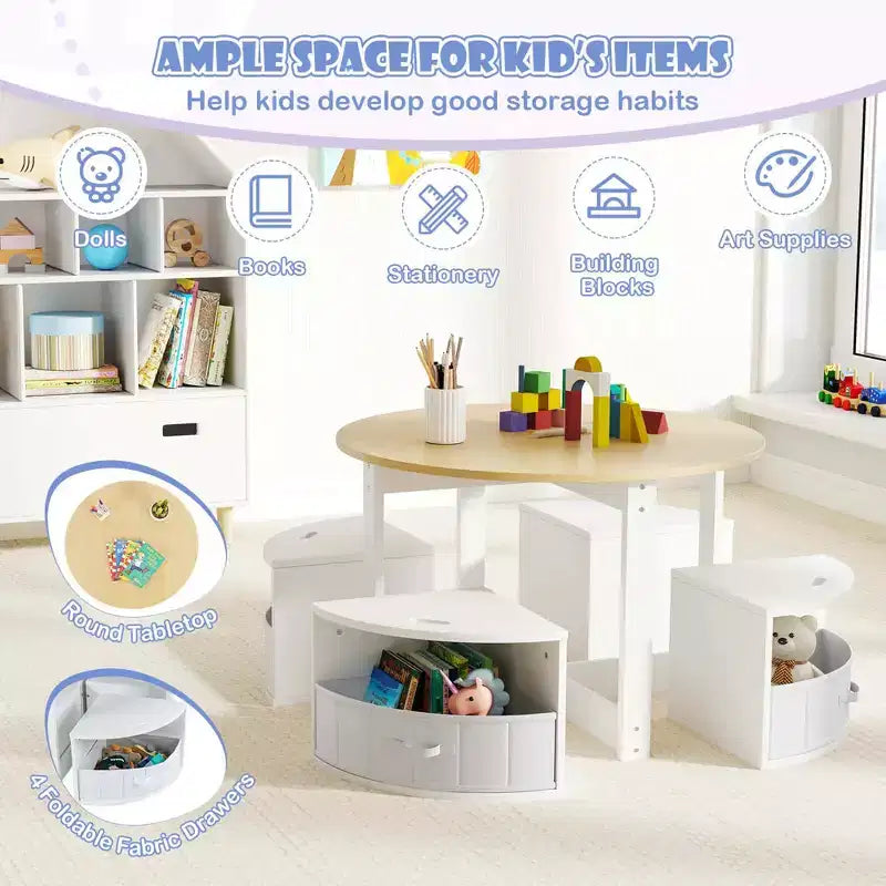Set di 5 pezzi tavolo e sedie da gioco per bambini, tavolo rotondo impilabile, mobili per bambini