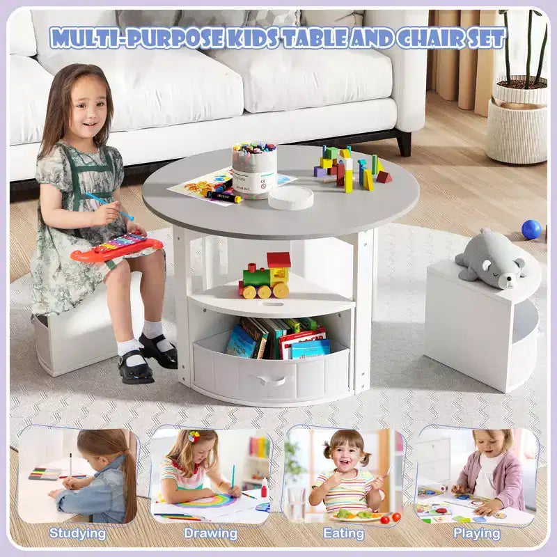 Set di 5 pezzi tavolo e sedie da gioco per bambini, tavolo rotondo impilabile, mobili per bambini