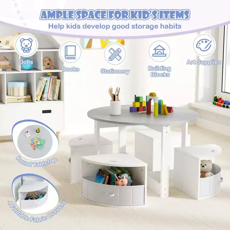 Set di 5 pezzi tavolo e sedie da gioco per bambini, tavolo rotondo impilabile, mobili per bambini