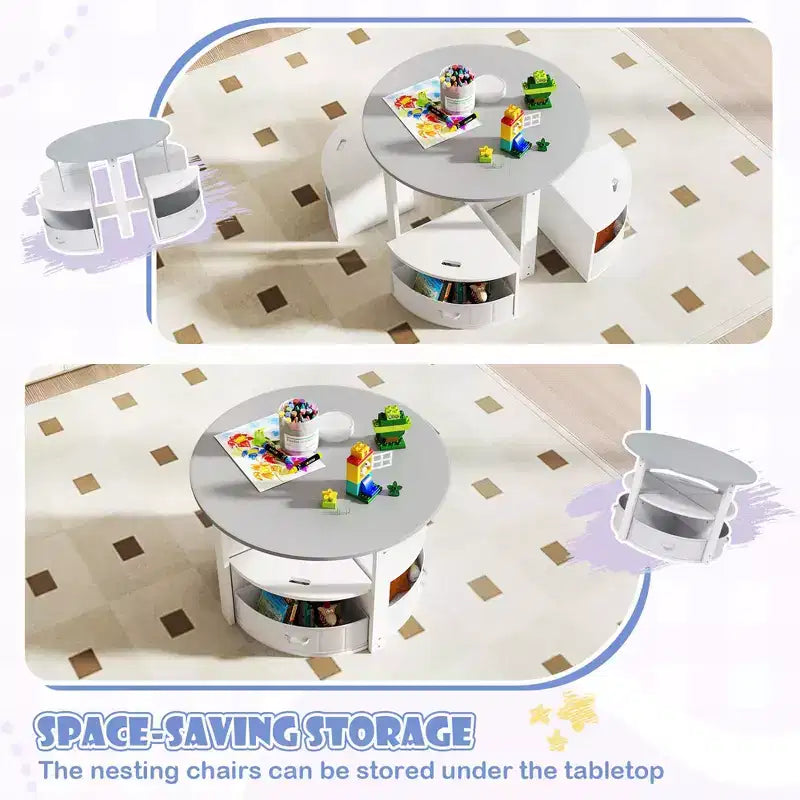 Set di 5 pezzi tavolo e sedie da gioco per bambini, tavolo rotondo impilabile, mobili per bambini