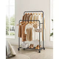Double - Rod Clothes Rack with Wheels - Heavy - Duty, 2 Brakes, Mesh Storage Shelf. Each Top Rail Holds 77 lb, Ideal for Hanging Clothes