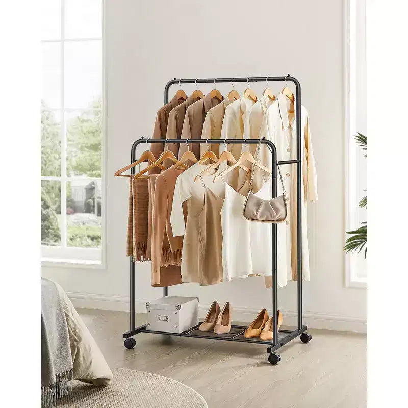 Double - Rod Clothes Rack with Wheels - Heavy - Duty, 2 Brakes, Mesh Storage Shelf. Each Top Rail Holds 77 lb, Ideal for Hanging Clothes