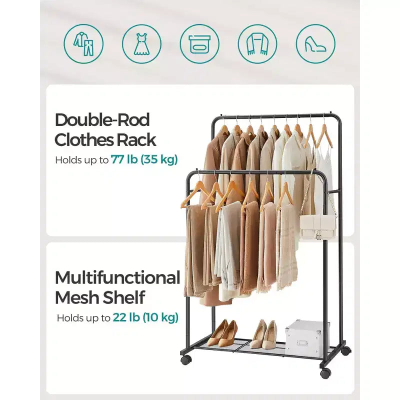 Appendiabiti a doppia asta con ruote - Robusto, 2 freni, ripiano portaoggetti in rete. Ogni barra superiore supporta 35 kg, ideale per appendere vestiti