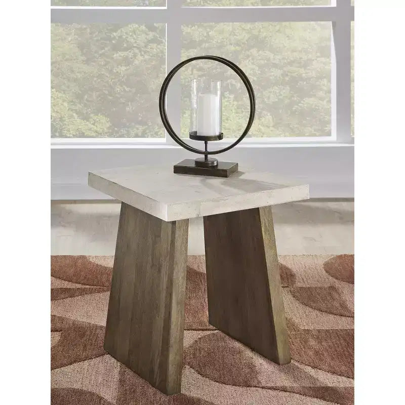 Tavolino quadrato contemporaneo Brendalhouse - Piano effetto cemento con base in legno di mango, Marrone chiaro