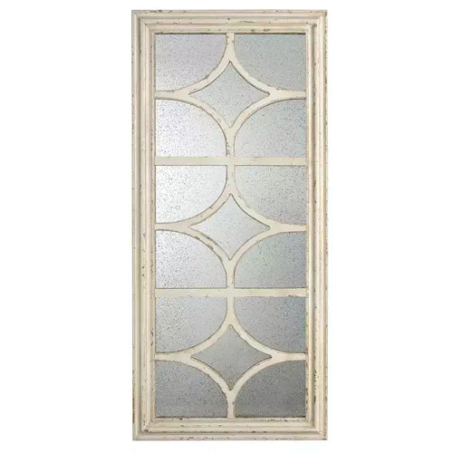 Specchio da parete rettangolare 28 x 59 pollici con cornice bianca invecchiata e design a finestra