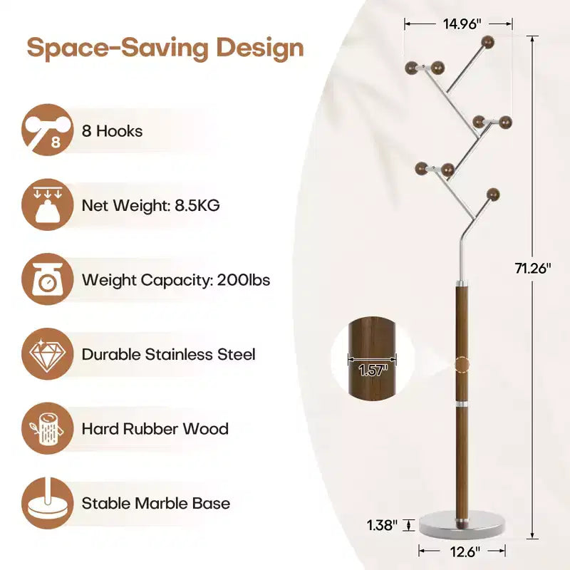 Appendiabiti da terra Bekrvio con base in marmo pesante, albero appendiabiti in metallo extra-stabile con 8/9 ganci in legno massiccio per vestiti, cappelli e borse