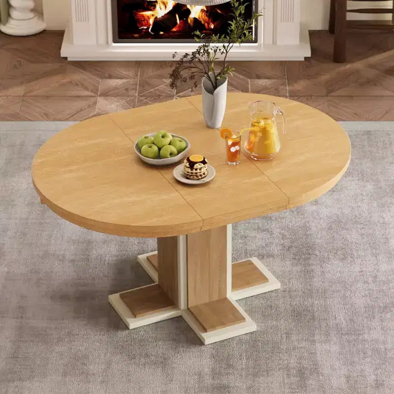 Tavolo da Pranzo Allungabile con Prolunga Centrale da 40 cm, Tavolo da Pranzo Ovale 106-147 cm per 6 Persone, Tavolo da Pranzo Rotondo Retrò in Legno Massello a Doppio Strato