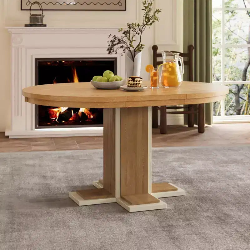 Tavolo da Pranzo Allungabile con Prolunga Centrale da 40 cm, Tavolo da Pranzo Ovale 106-147 cm per 6 Persone, Tavolo da Pranzo Rotondo Retrò in Legno Massello a Doppio Strato