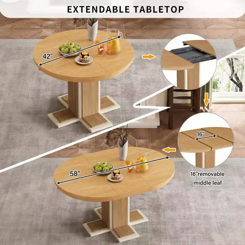 Tavolo da Pranzo Allungabile con Prolunga Centrale da 40 cm, Tavolo da Pranzo Ovale 106-147 cm per 6 Persone, Tavolo da Pranzo Rotondo Retrò in Legno Massello a Doppio Strato