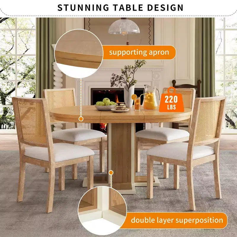 Tavolo da Pranzo Allungabile con Prolunga Centrale da 40 cm, Tavolo da Pranzo Ovale 106-147 cm per 6 Persone, Tavolo da Pranzo Rotondo Retrò in Legno Massello a Doppio Strato