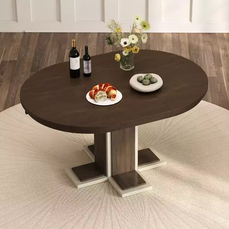 Tavolo da Pranzo Allungabile con Prolunga Centrale da 40 cm, Tavolo da Pranzo Ovale 106-147 cm per 6 Persone, Tavolo da Pranzo Rotondo Retrò in Legno Massello a Doppio Strato