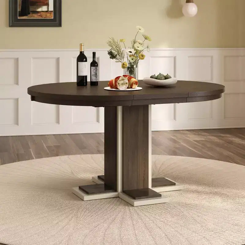 Tavolo da Pranzo Allungabile con Prolunga Centrale da 40 cm, Tavolo da Pranzo Ovale 106-147 cm per 6 Persone, Tavolo da Pranzo Rotondo Retrò in Legno Massello a Doppio Strato