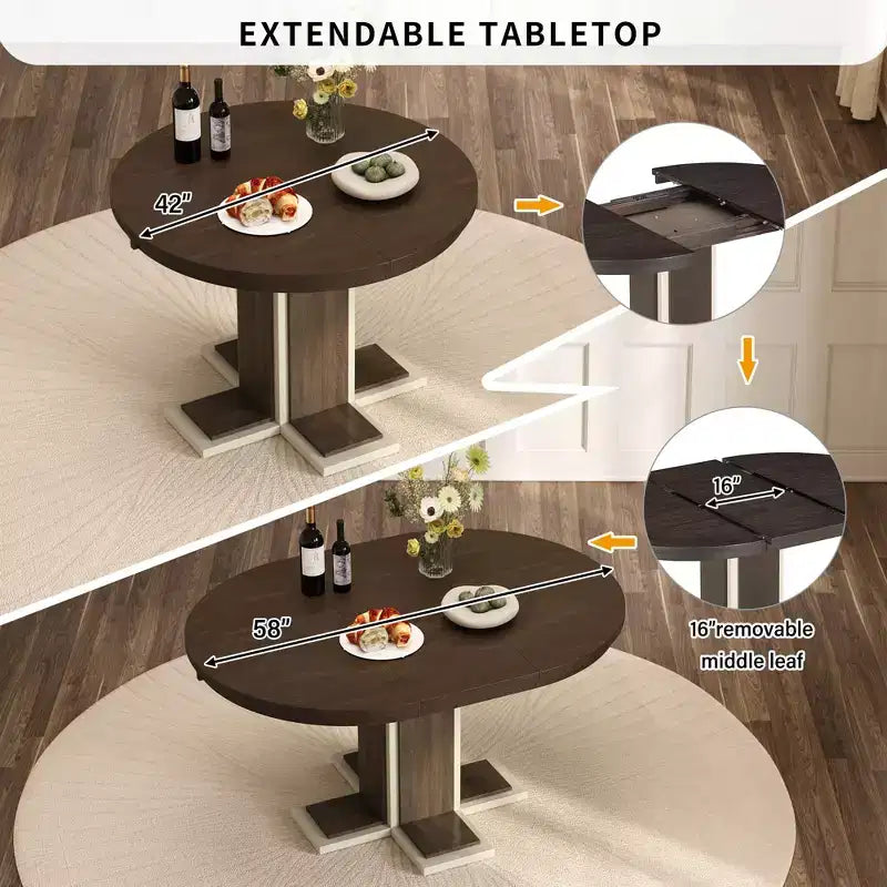 Tavolo da Pranzo Allungabile con Prolunga Centrale da 40 cm, Tavolo da Pranzo Ovale 106-147 cm per 6 Persone, Tavolo da Pranzo Rotondo Retrò in Legno Massello a Doppio Strato