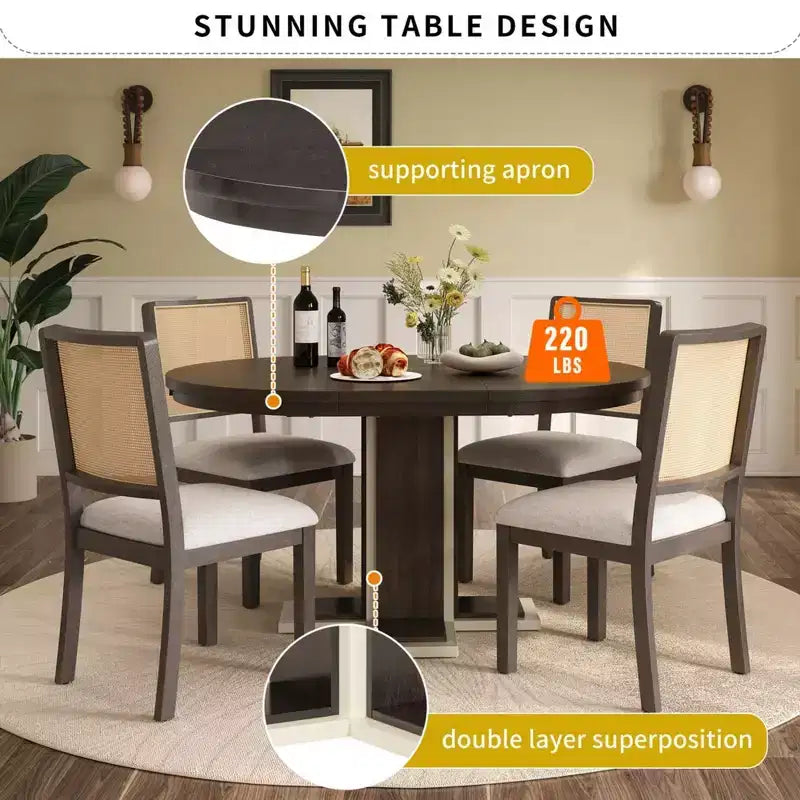 Tavolo da Pranzo Allungabile con Prolunga Centrale da 40 cm, Tavolo da Pranzo Ovale 106-147 cm per 6 Persone, Tavolo da Pranzo Rotondo Retrò in Legno Massello a Doppio Strato