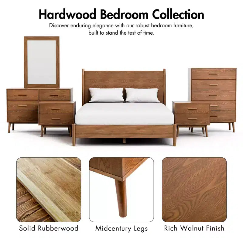 Set camera da letto moderno di metà secolo Riverstone 3 pezzi Queen con 2 comodini, Noce