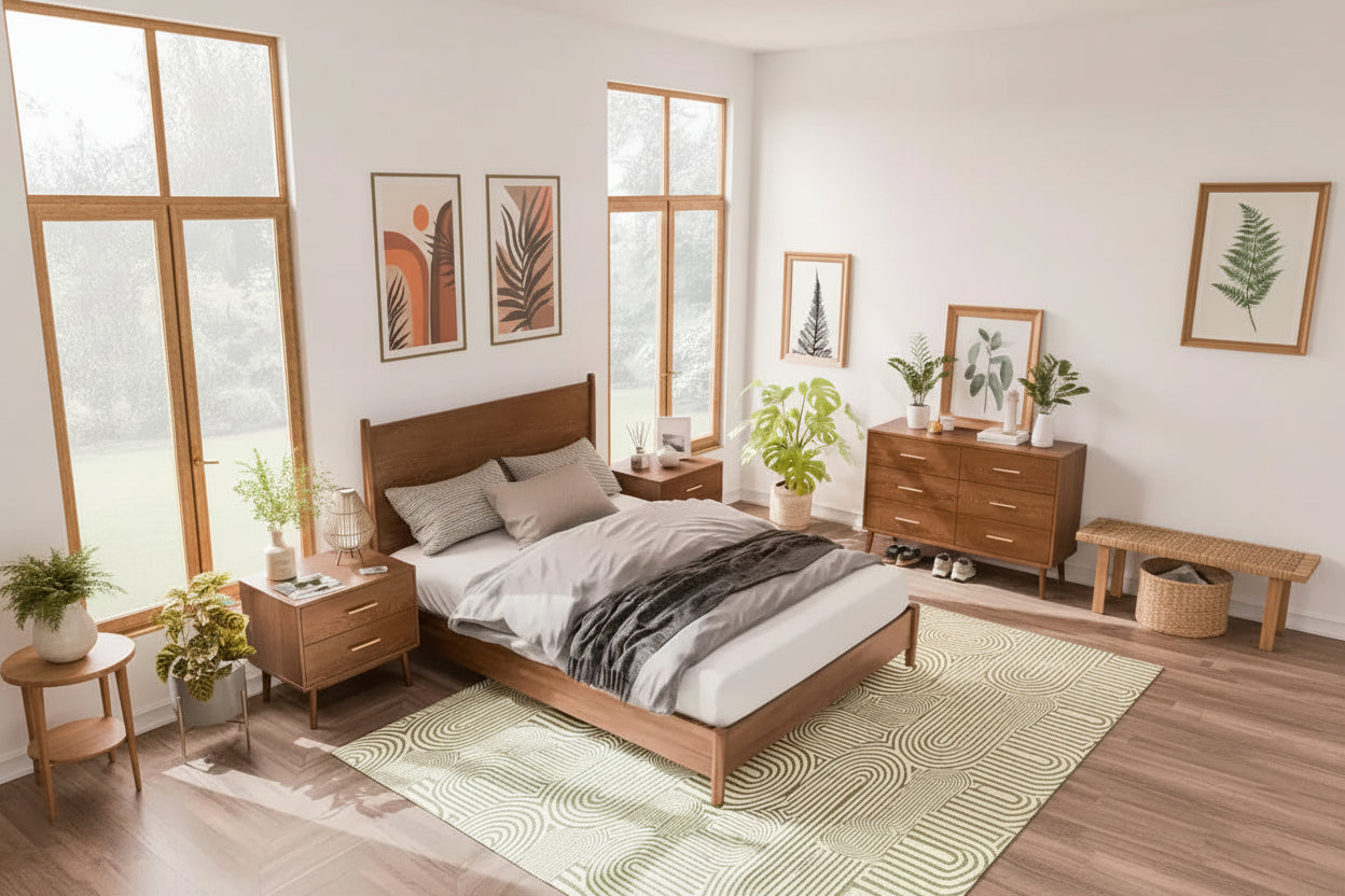 Set camera da letto moderno di metà secolo Riverstone 3 pezzi Queen con 2 comodini, Noce