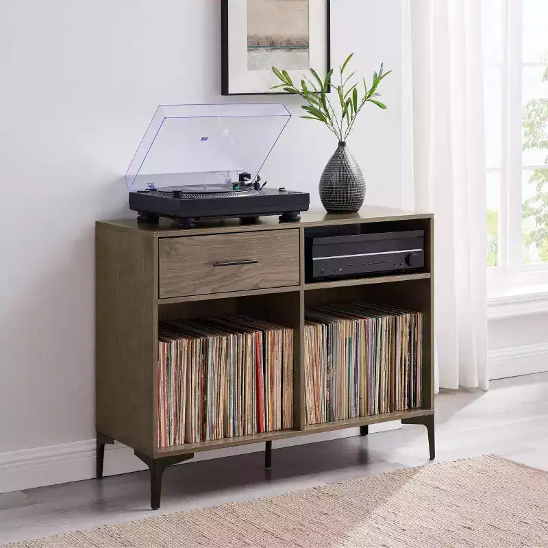 Mobile multimediale 40" Sydney Record, Noce: Portadischi in vinile, mobile multimediale con ripiani aperti